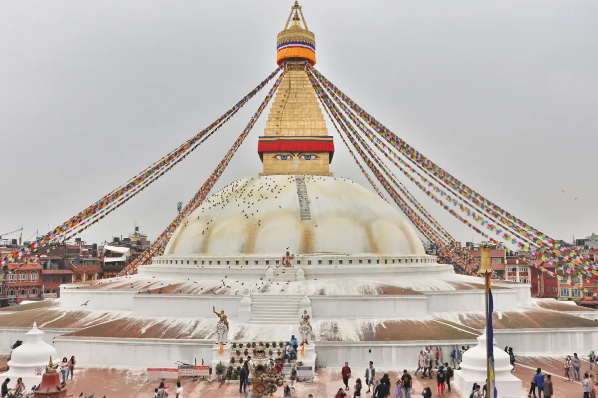 Boudhanath stupa in Kathmandu with colourful prayer flags